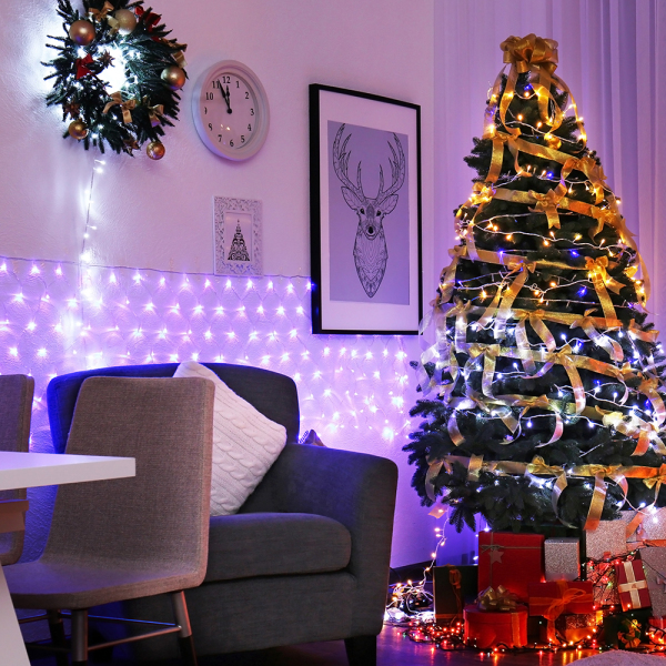 Interior of living room decorated for Christmas